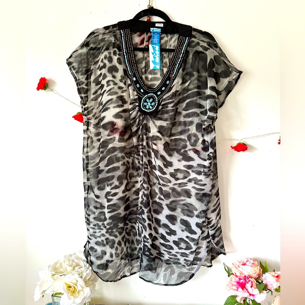NWT Soaked Sheer Black Gray Leopard Print Swim Suit Coverup S M L